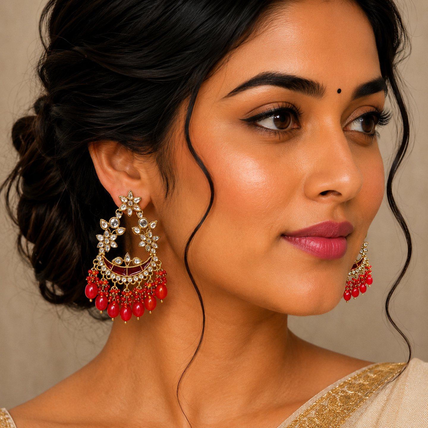 Chitra Gold Plated Kundan Meenakari Chandbalis with Hanging Pearls