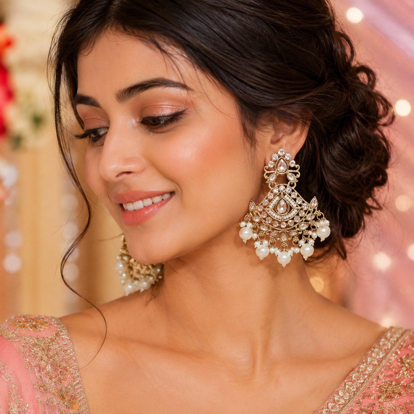 Aarohi Golden Kundan Earrings with Hanging Pearls