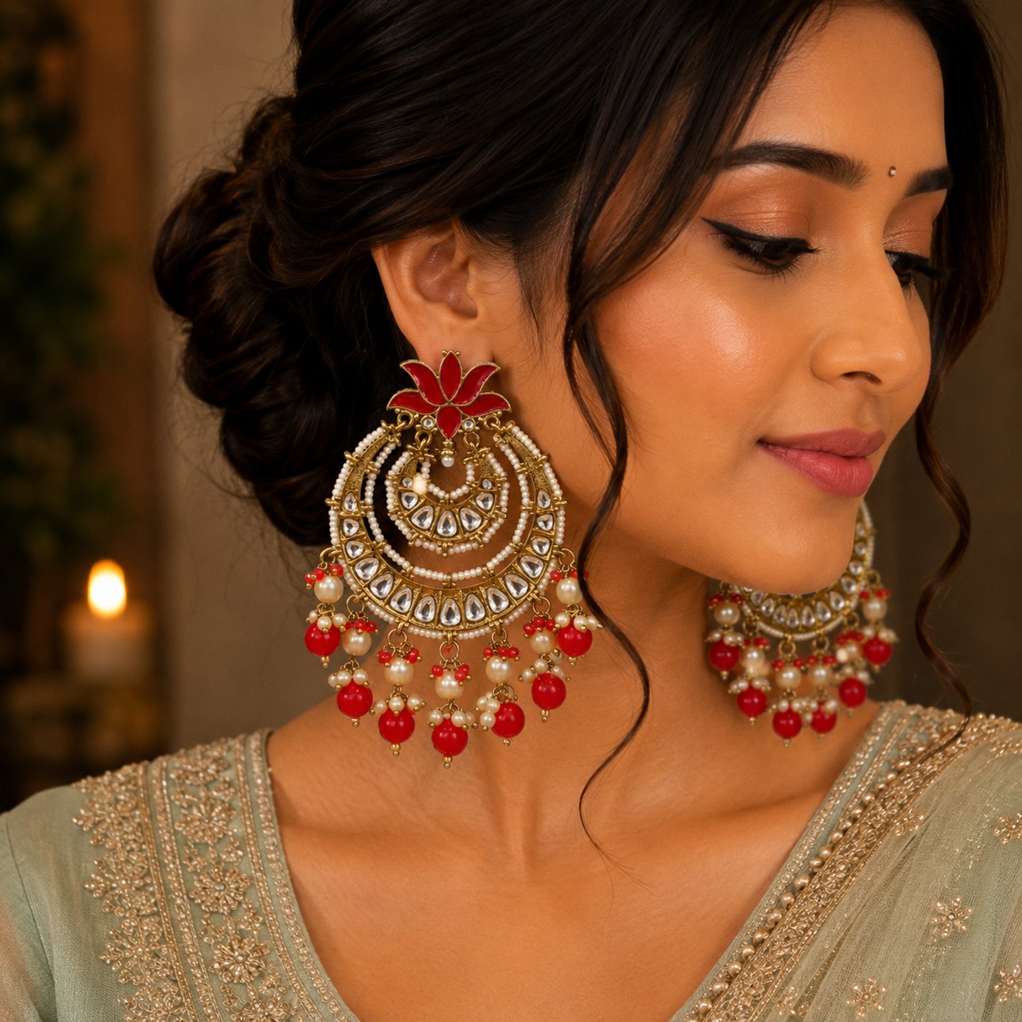 Divya Lotus Studs Kundan Chandbali with Hanging Pearls