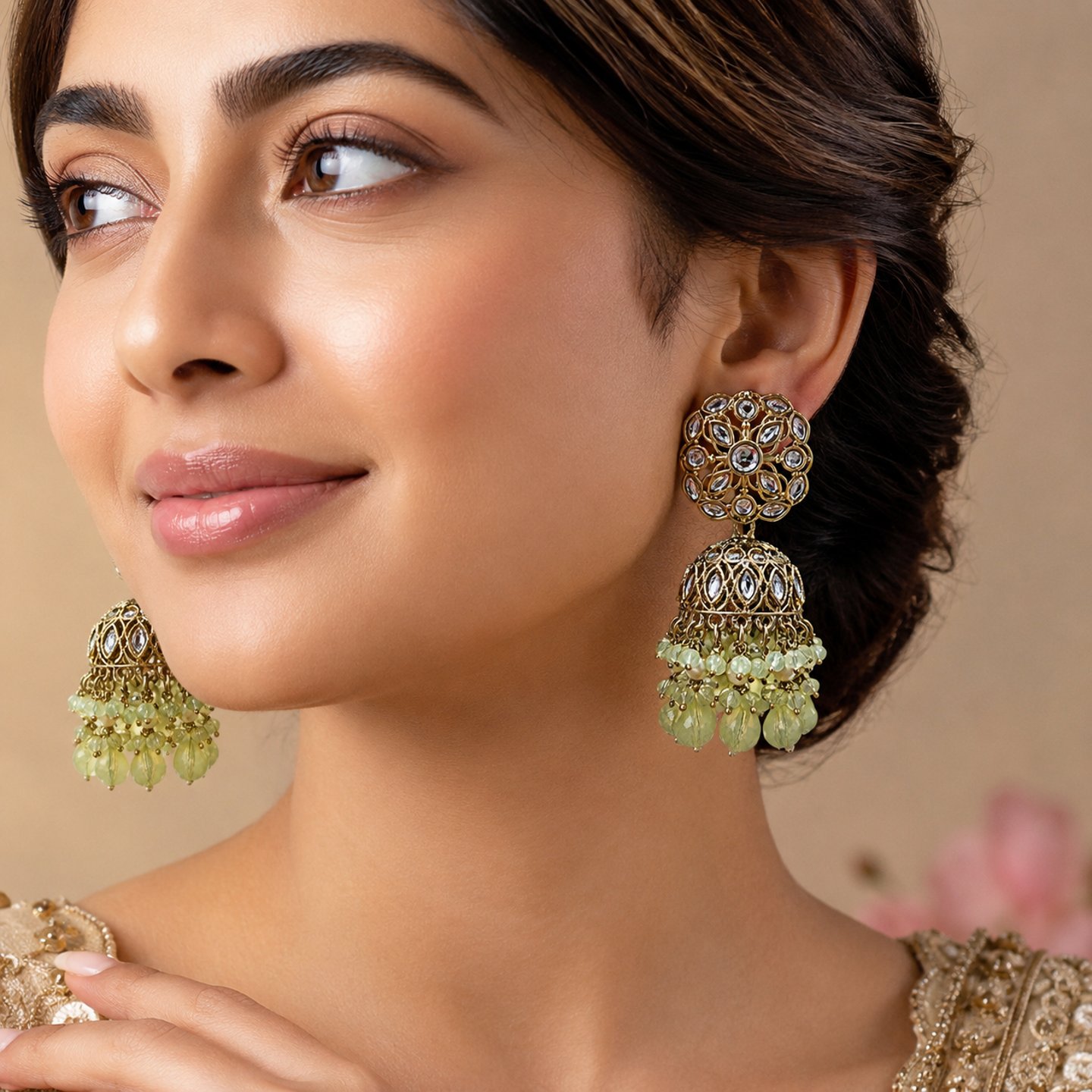 Anshika Kundan Jhumkas with Mint Hangings