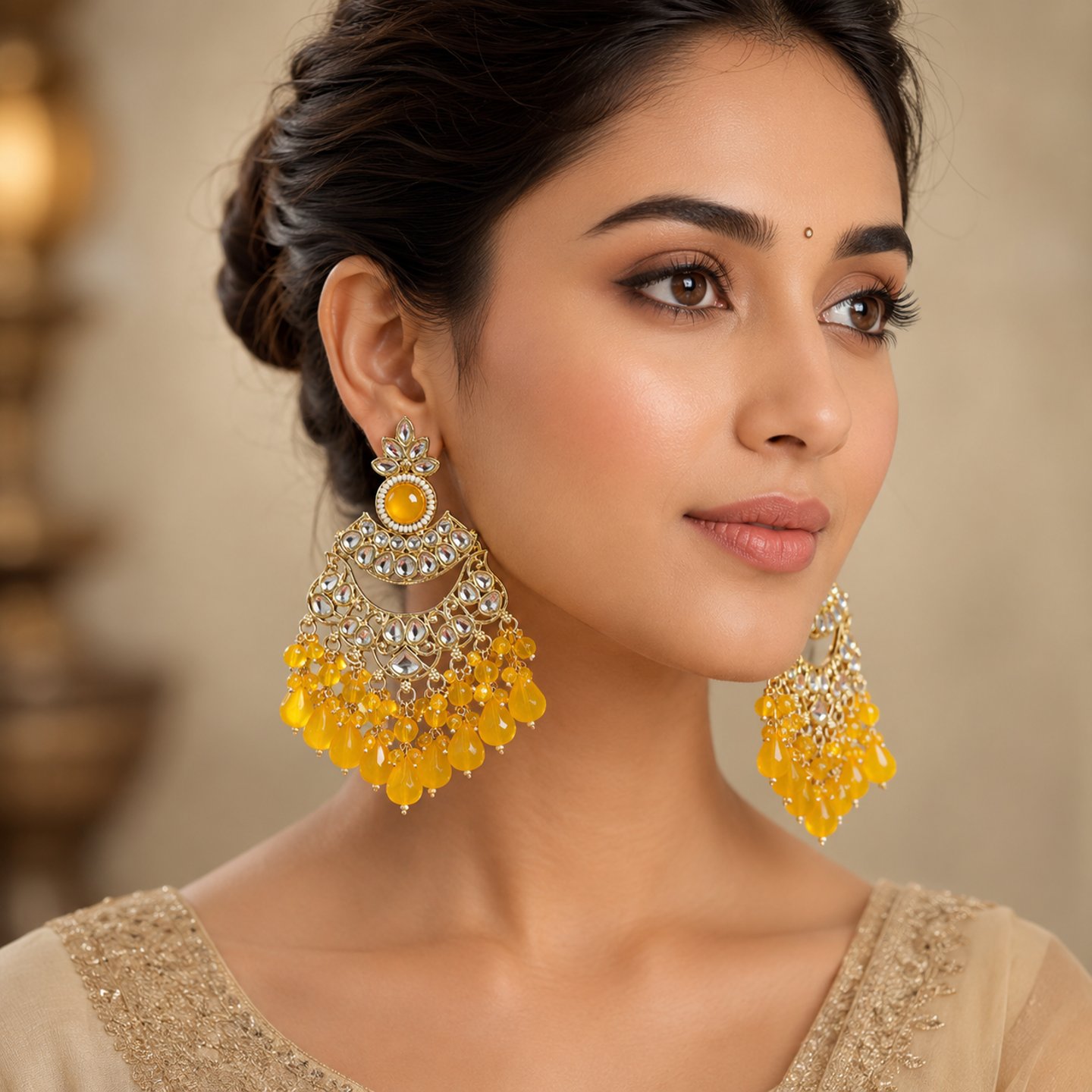 Ishani Hanging Pearls & Glass Kundan Earrings