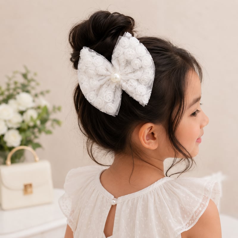 Korean White Floral Pearl Hair Bow