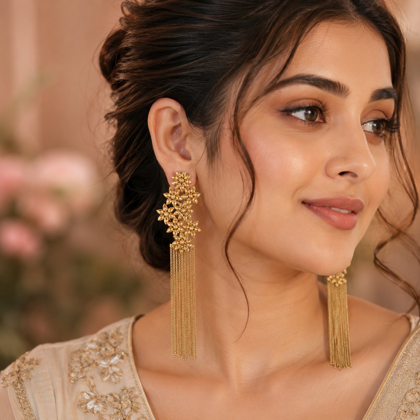 Shivanya Golden Kundan Stone Earrings with Hanging Chains