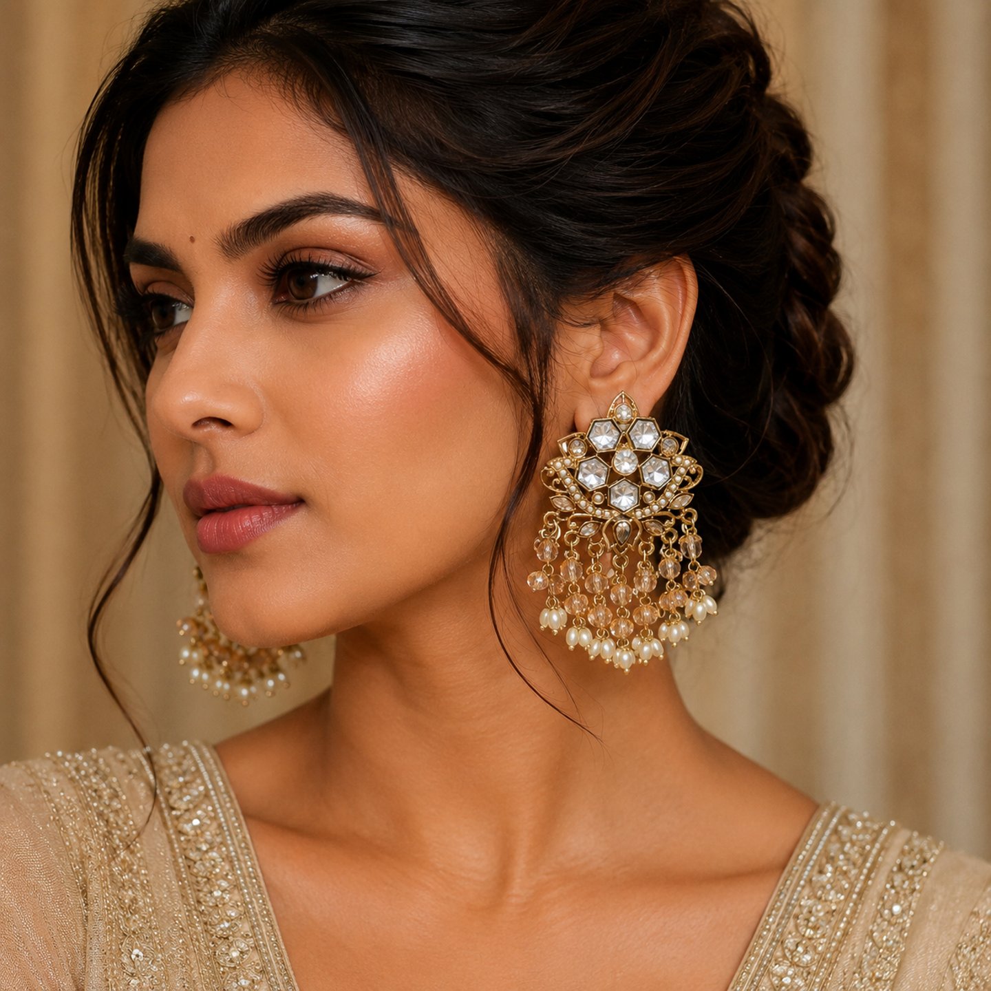 Golden Kundan Studs with Hanging Crystal Pearls