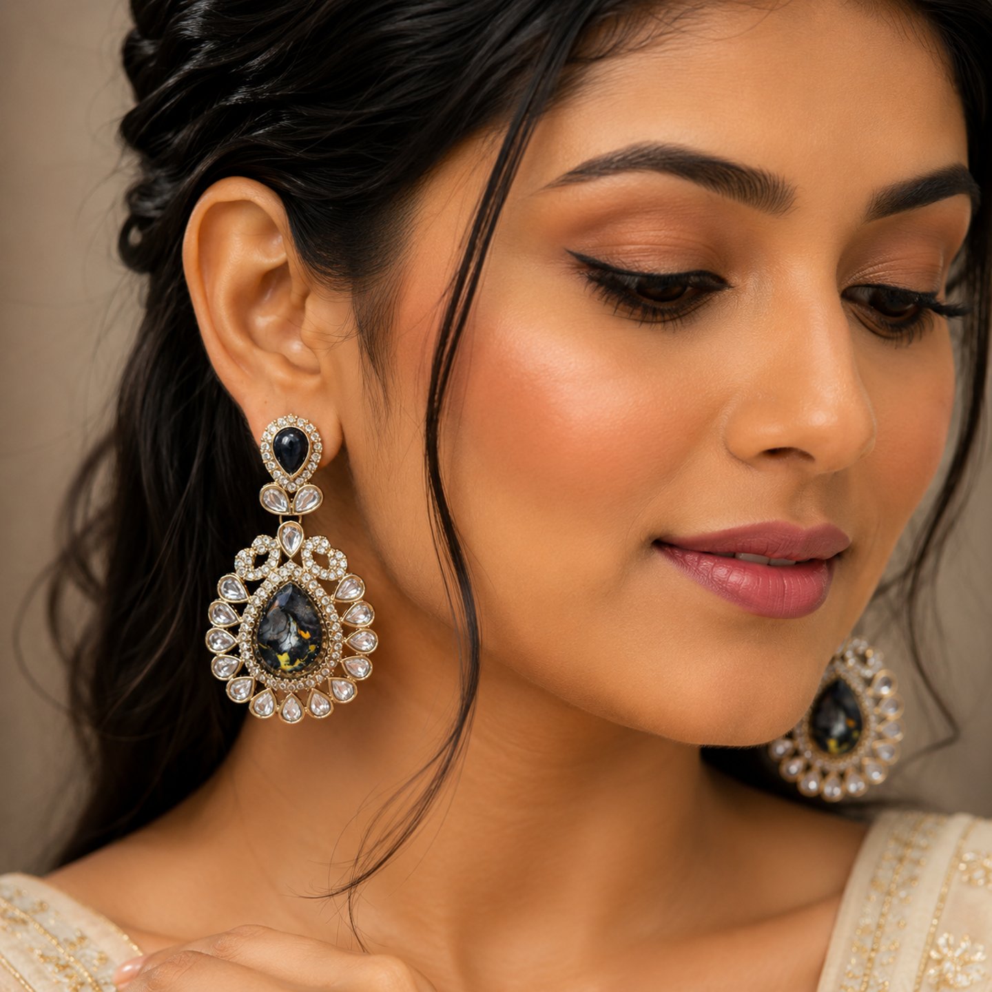 Shivani Kundan Stone Earrings with Fire Stone Centre Pce
