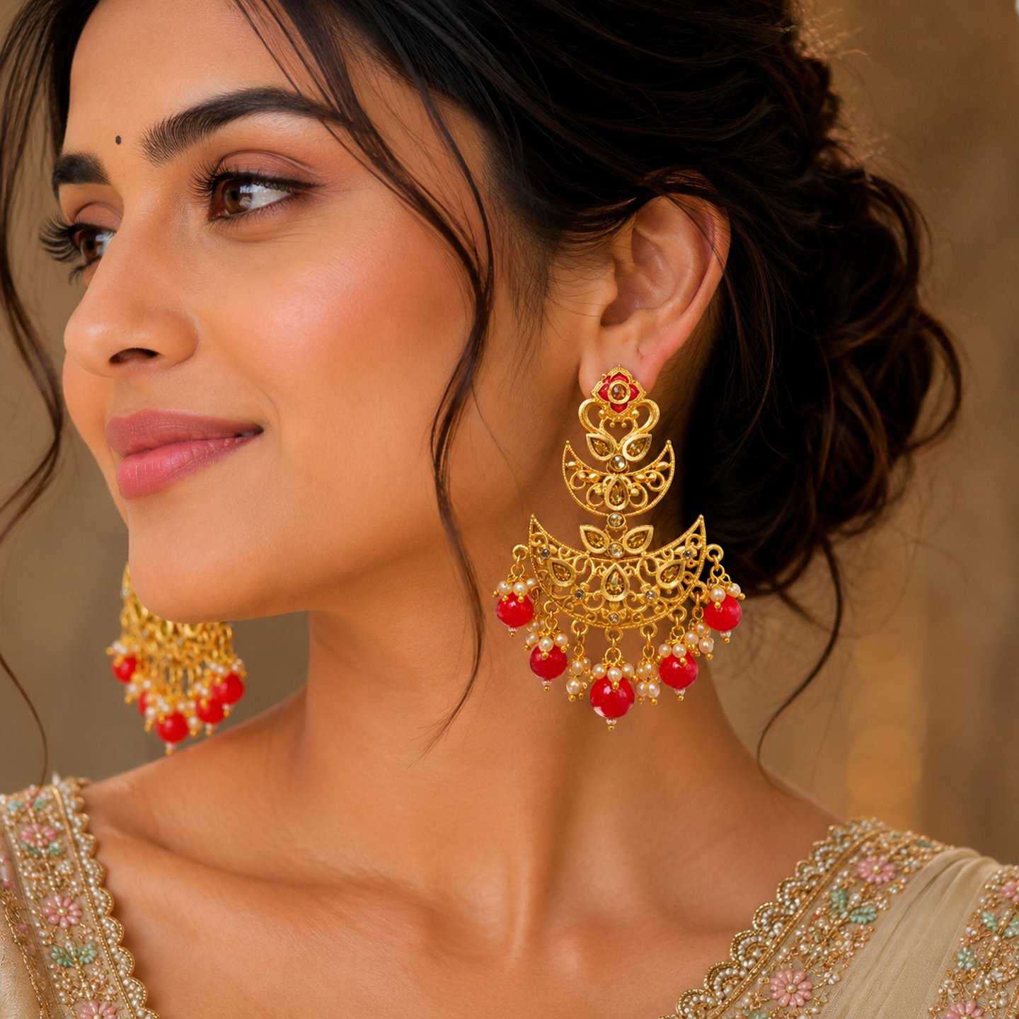 Hira Gold Tone Kundan Stone Earring Hanging Pearls