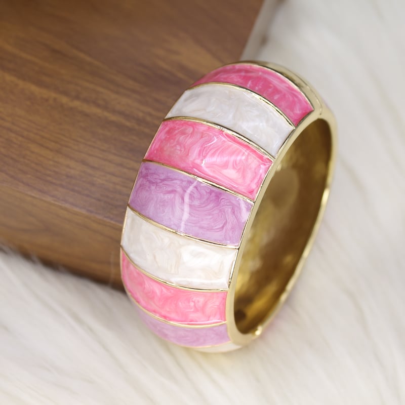 Designer Gold Look Wide Enamel Bracelet Bangle with Pink White and Lavender Marble Design for Women