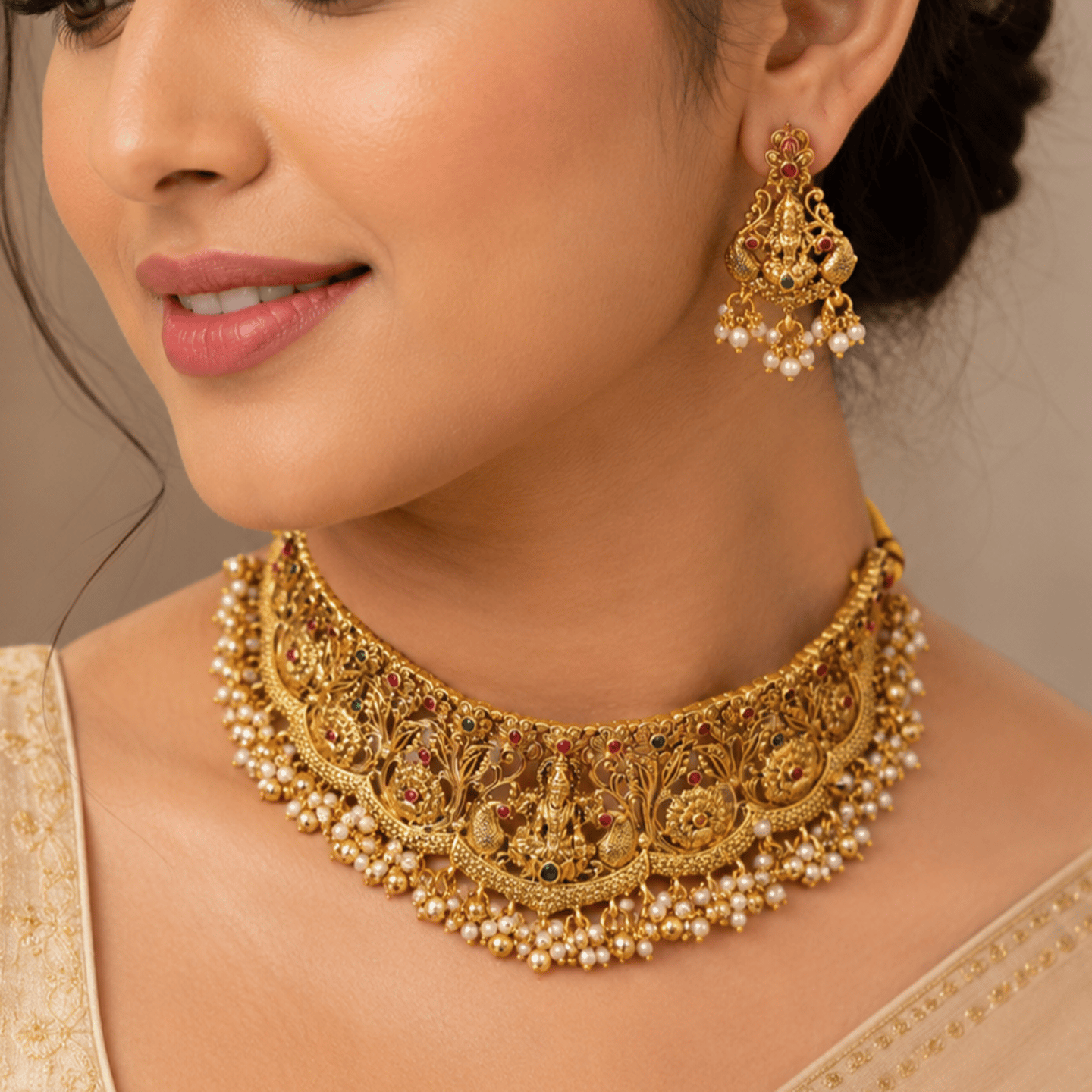 Aaditi Gold Tone with Pearls Hanging Temple Necklace Set