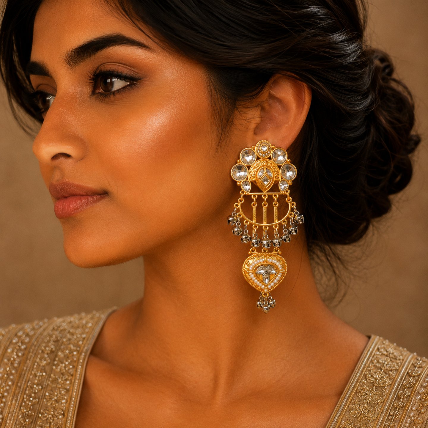 Kashmiri Earrings Acrylic Kundan with Silver Ghungroos