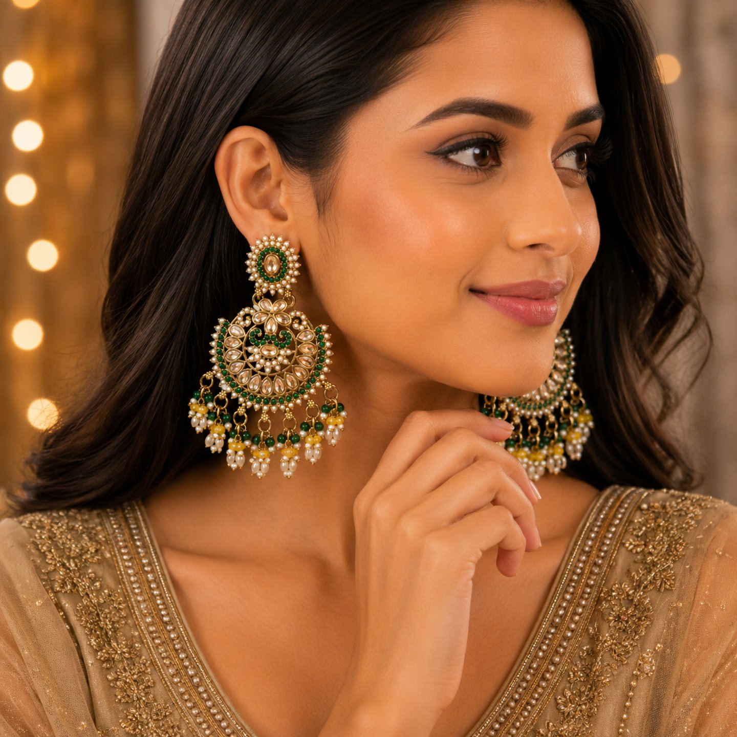 Disha Jhadu Details Kundan Chandbalis with Hanging Pearls