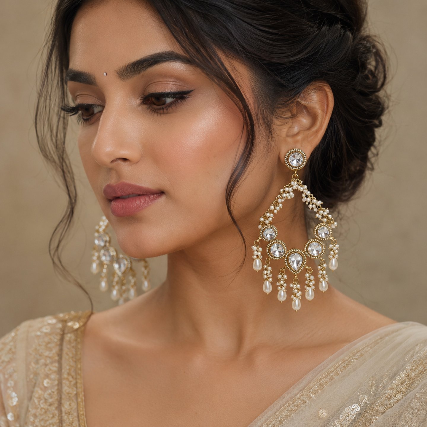 Ananya Acrylic Kundan Chandbali Hanging Pearls