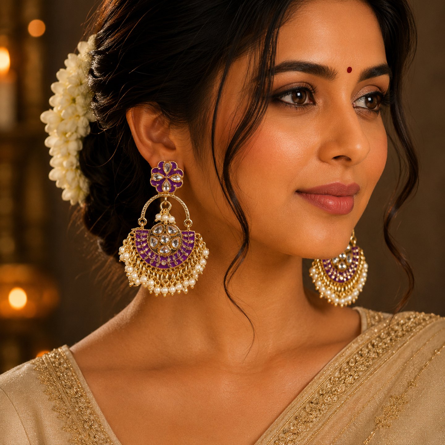 Naira Kundan Meenakari Chandbali with Hanging Pearls