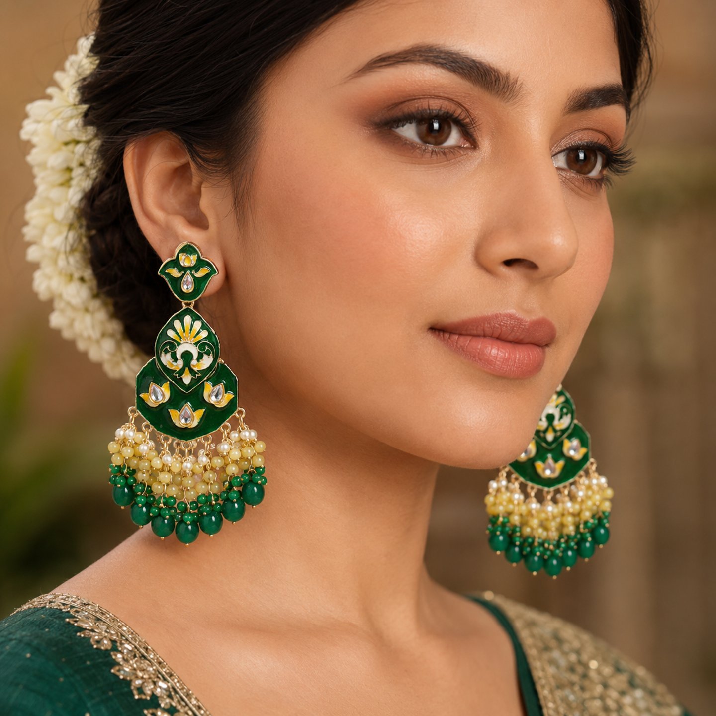 Monika Kundan Earrings Meenakari and Hanging with Pearls