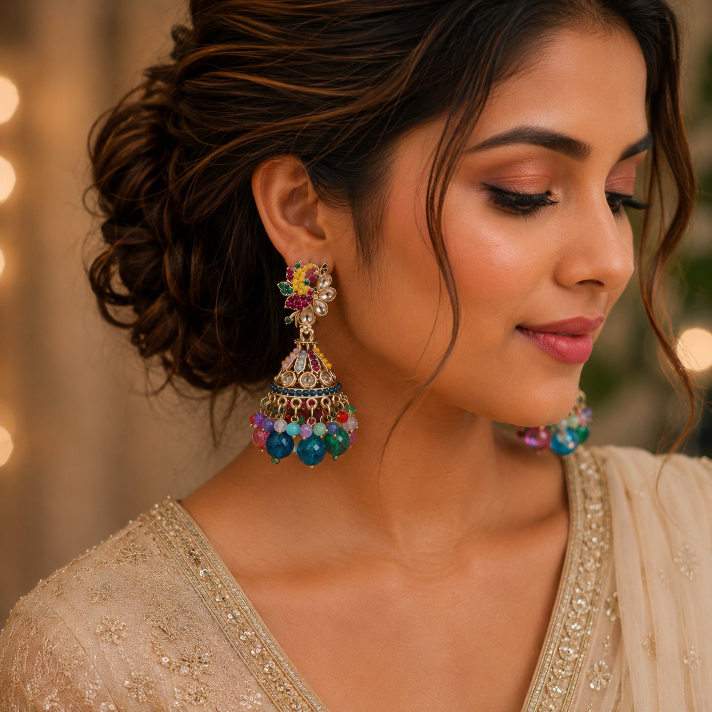 Kashvi Detailed Pearls Kundan Beautiful Jhumkas