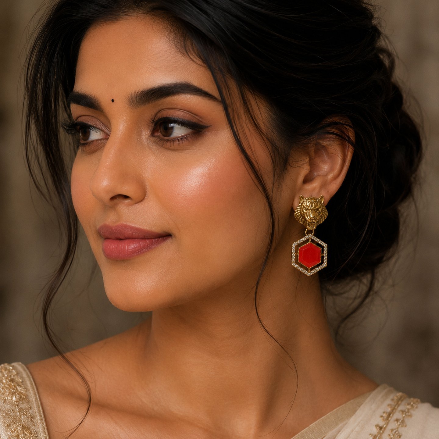 Yukti Gold Plated Tiger Head Drop Earrings