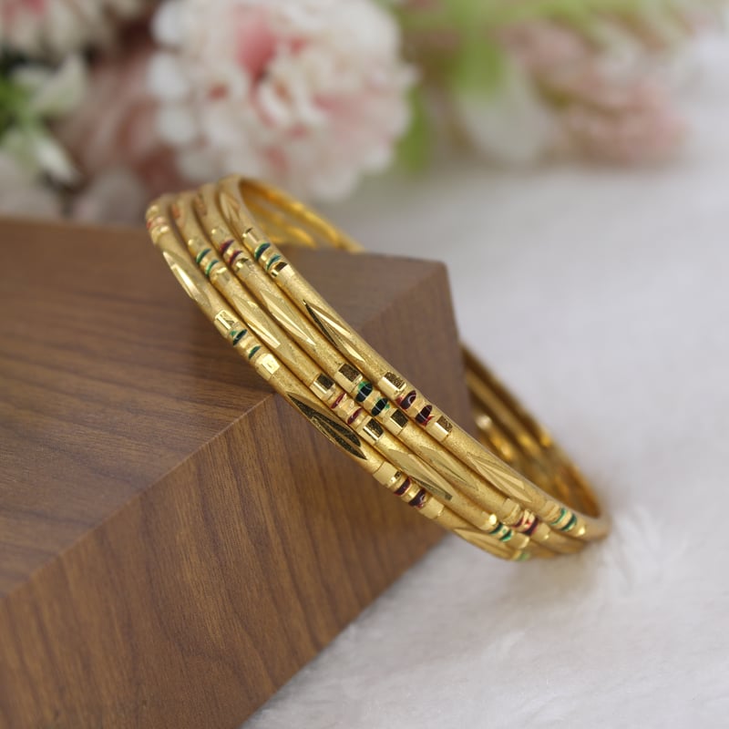 Gold Plated Thin 4PC Bangles Set with Red Green Meenakari Accents Bangles