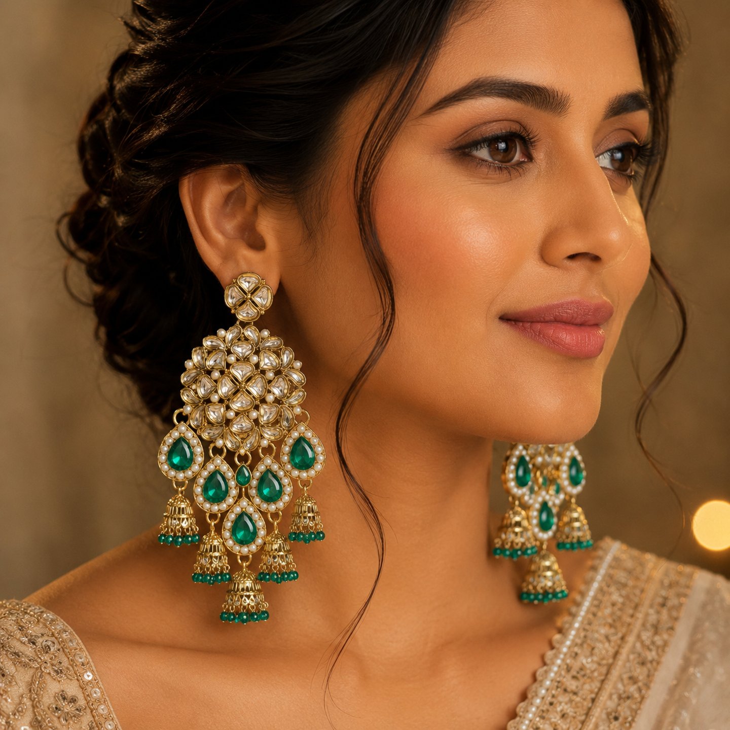 Sanvi Kundan Earrings with Multiple Hanging Jhumka