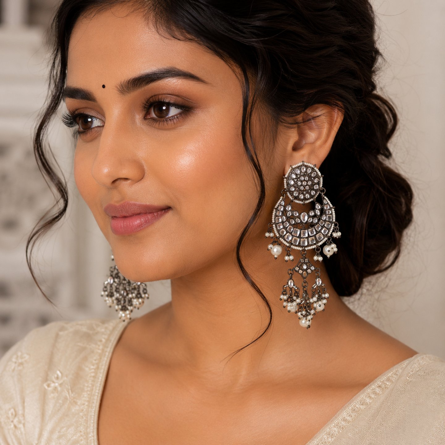 Manvika Black Metal Kundan Chandbali with Hanging Pearls