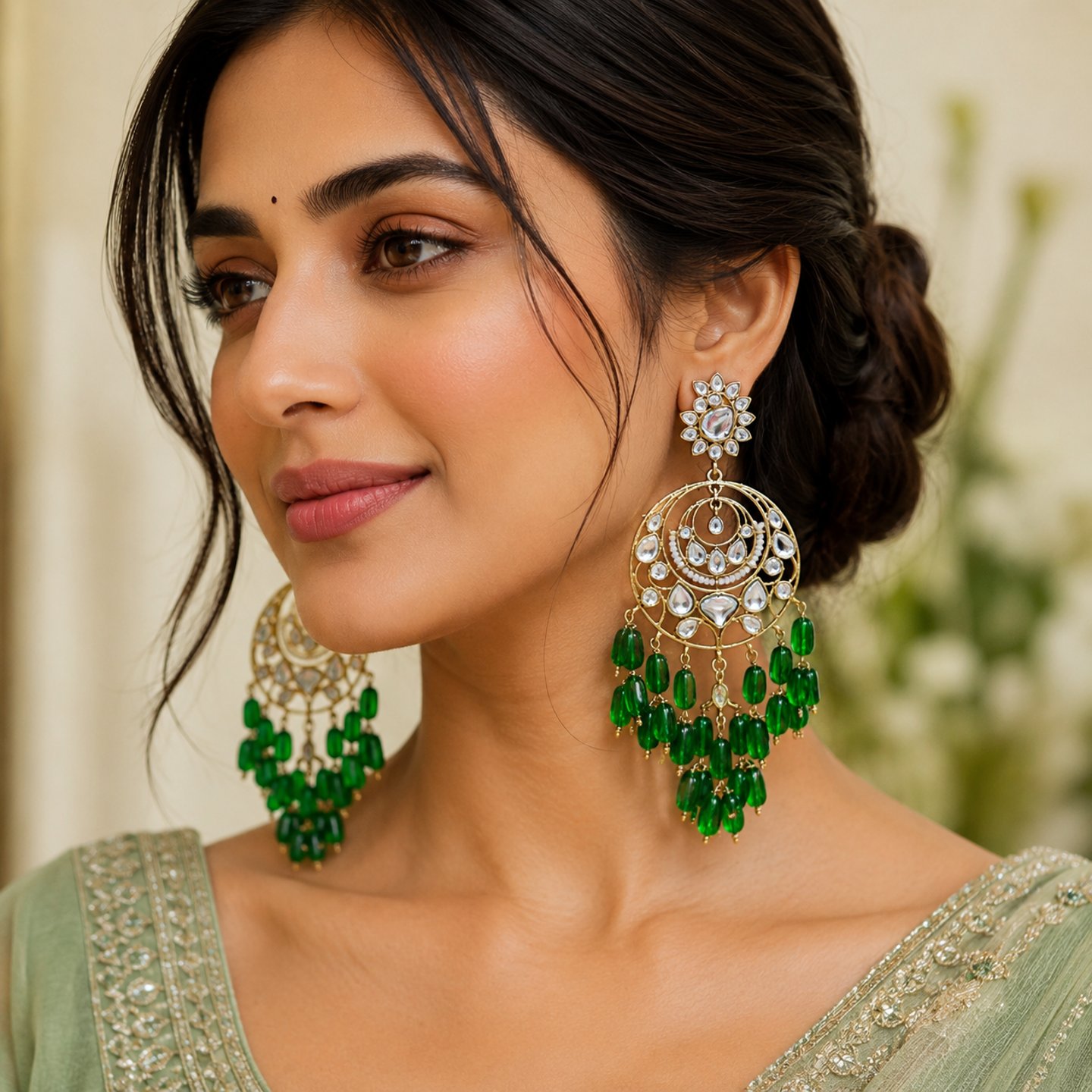 Tanishka Acrylic Kundan Chandbali with Hanging Pearls