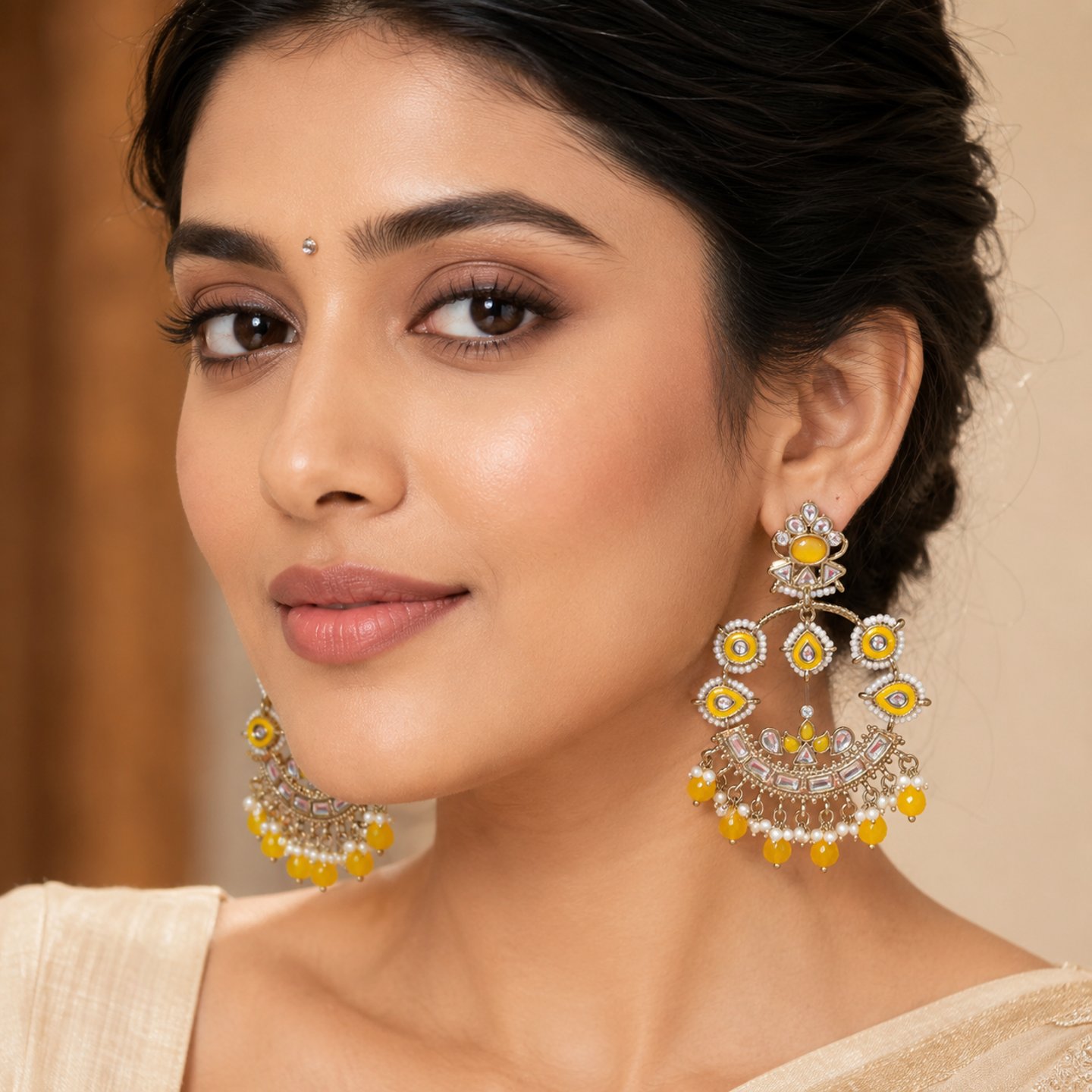 Vashali Kundan Chandbali Earrings with Hanging Pearls