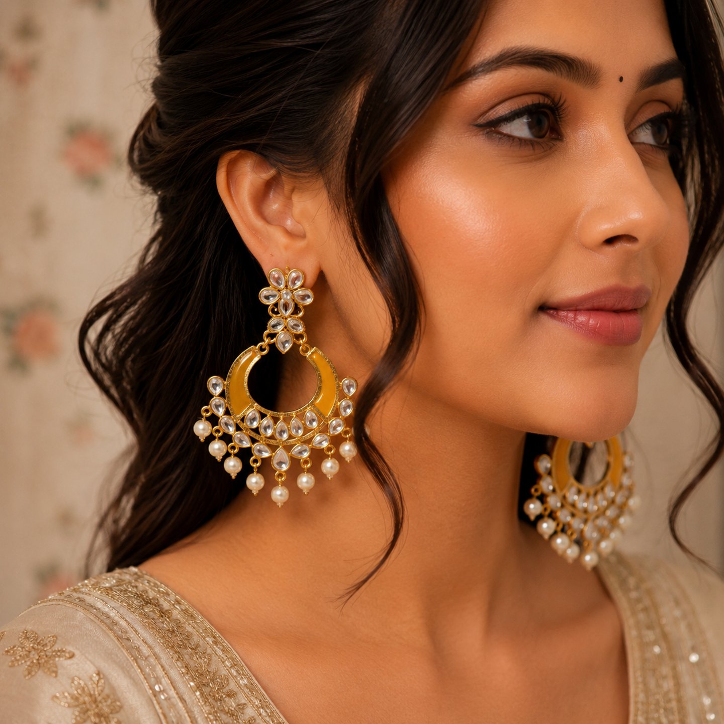 Ishani Kundan Stone Earring with Hanging Pearls