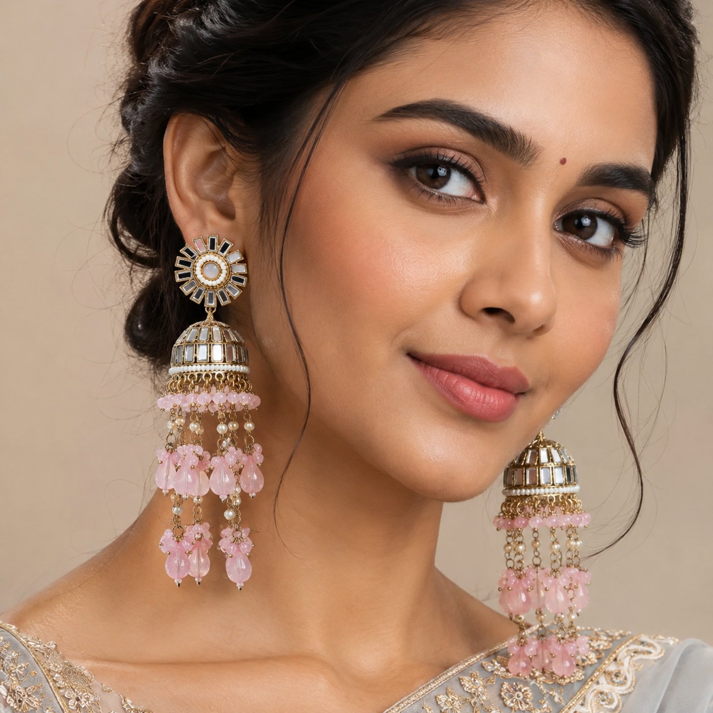 Shinali Mirror Work Jhumkas with Long Crystal Hangings