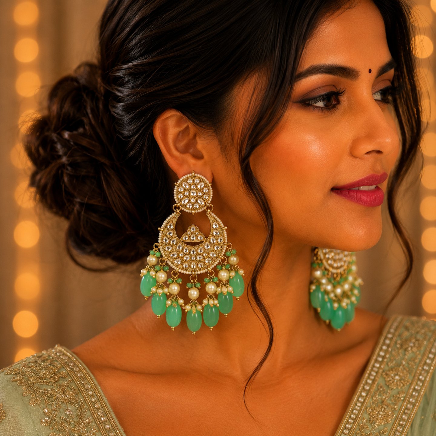 Bhawna Kundan Chandbalis with Colorful Pearls Drops