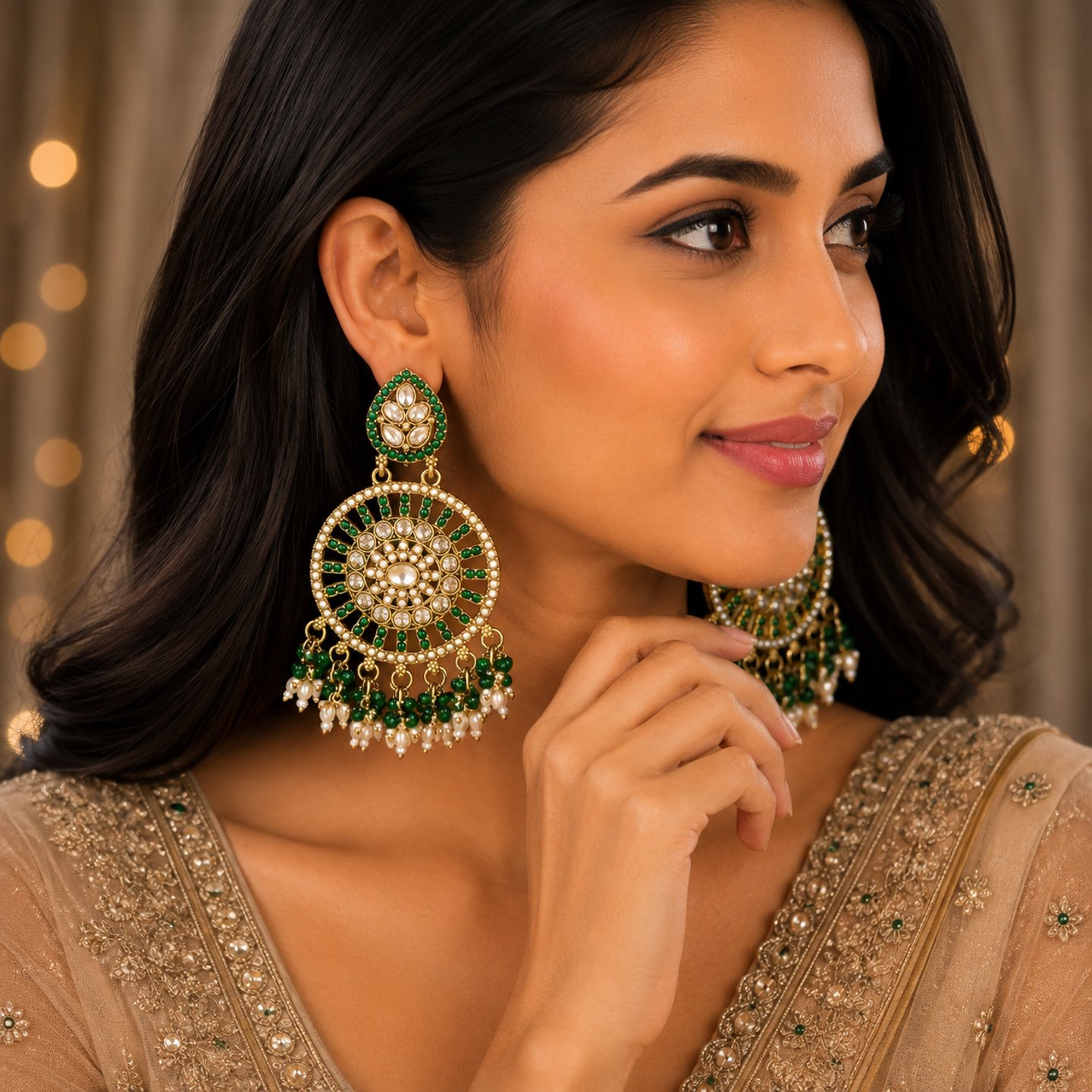 Divya Kundan Chandbali Earrings with Hanging Pearl
