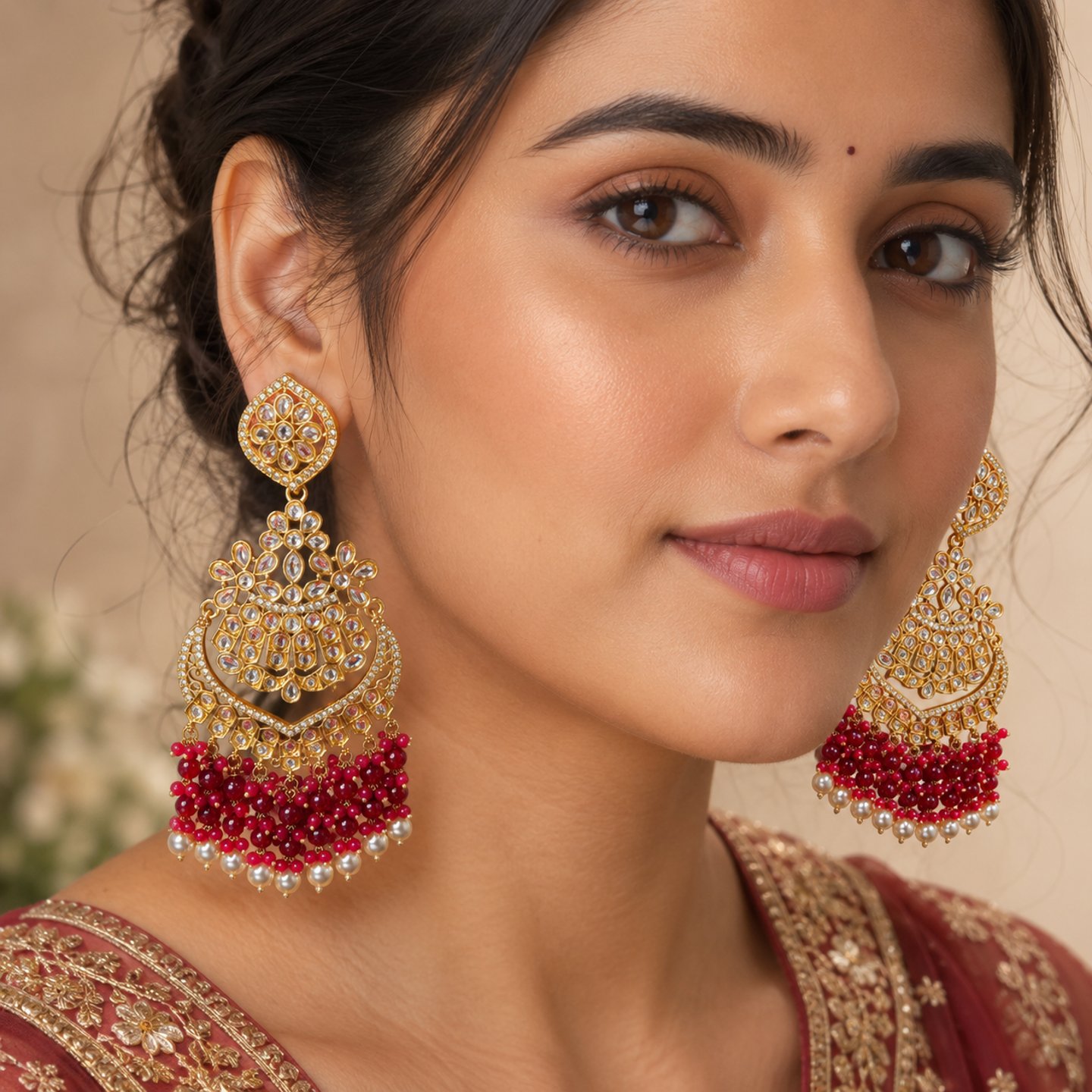 Ashvani Floural Design Kundan Chandbalis Earring Hanging with Pearls