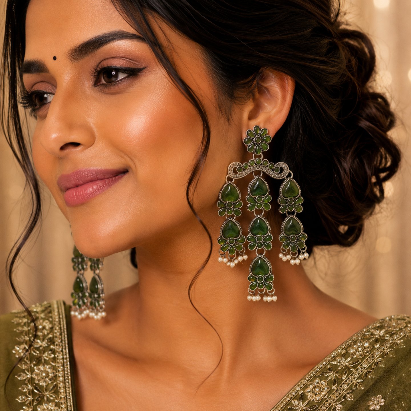 Yashika Monalisa Stone Earrings with Hanging Pearls