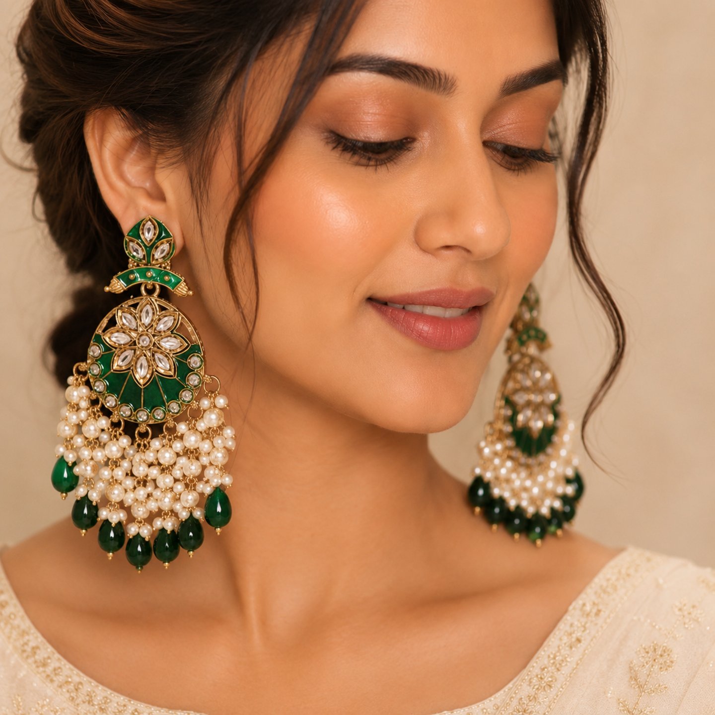 Shivani Kundan Stone with Hanging Pearls Earrings