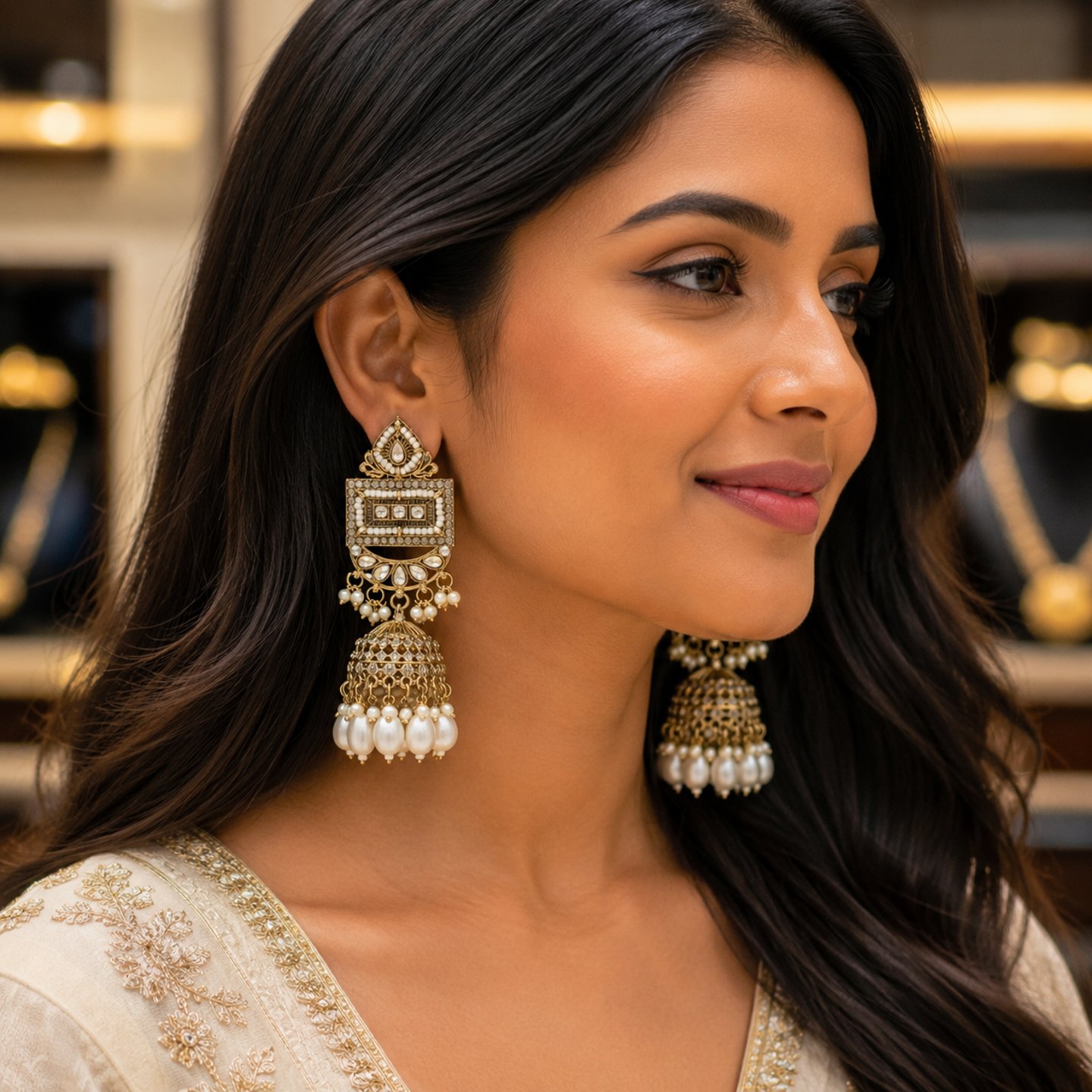 Sohini Golden Jhumkas with Hanging Pearls