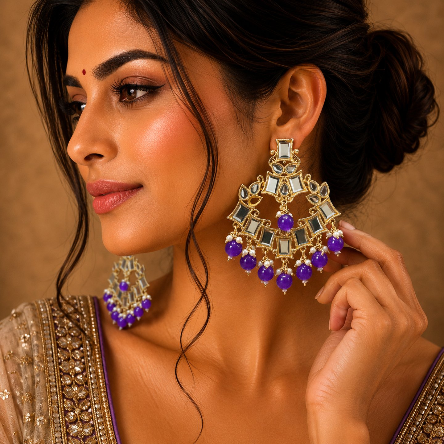 Ankita Mirror Work & Kundan Earrings with Hangings Pearl