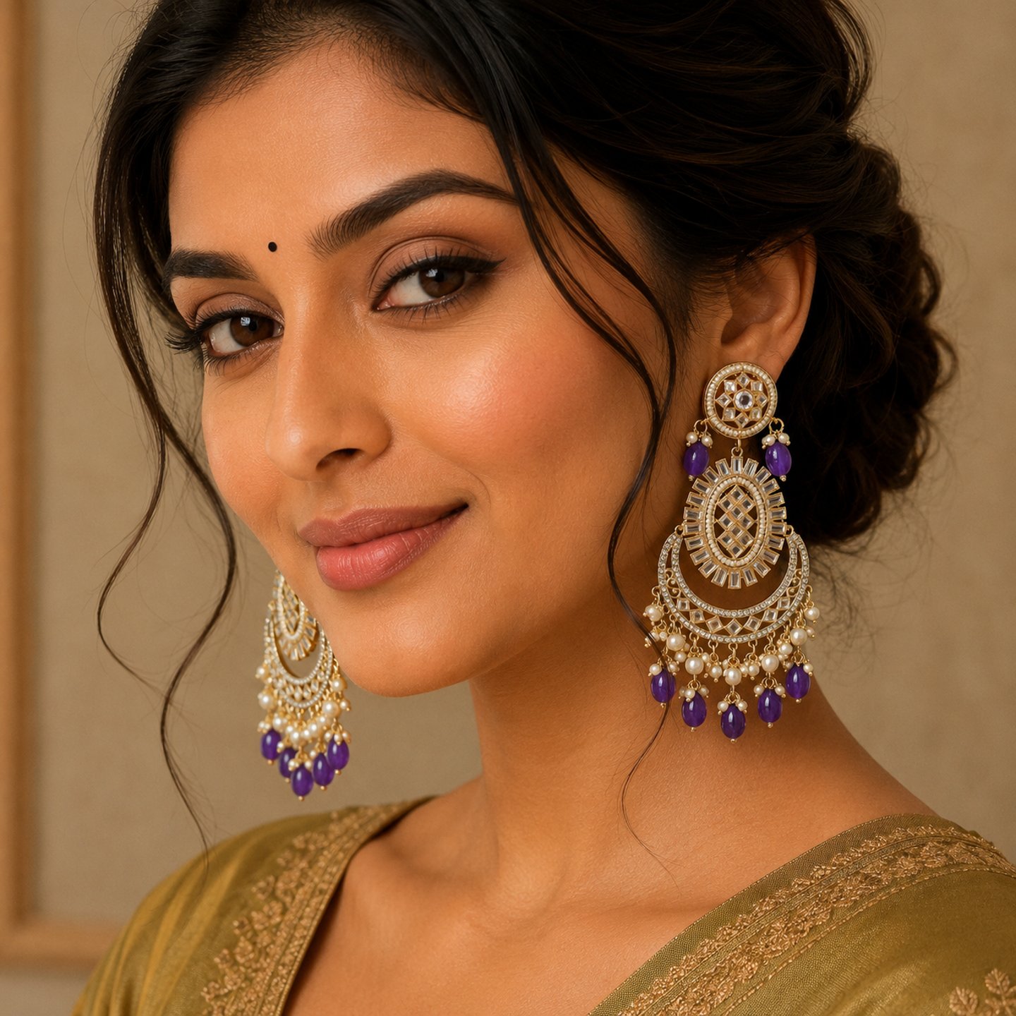 Yashika Kundan Stone Chandbalis with Pearls Hanging