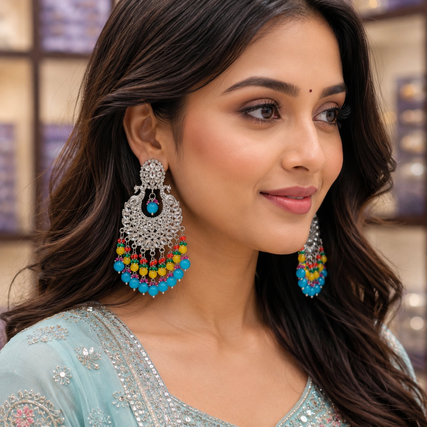 Jayra Silver Polished Peacock Earrings with Colorful Hanging Pearls