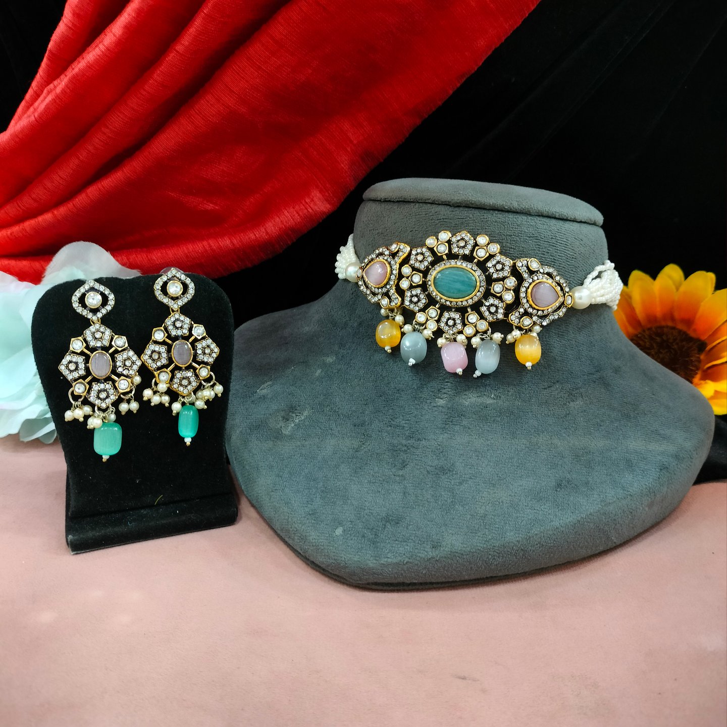 Khushi Victorian Zircon and Monalisa Stone Choker Set with Pearls Work