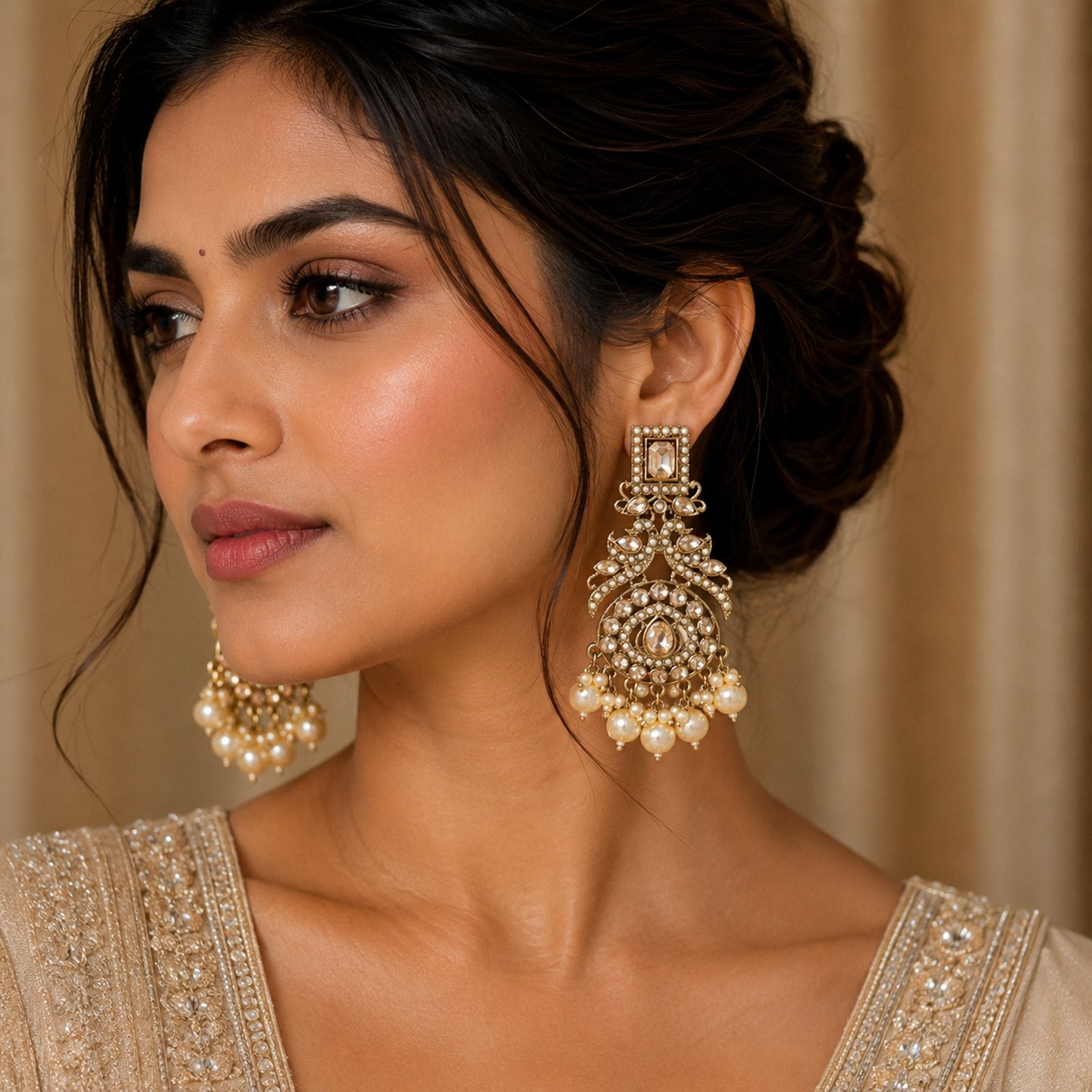 Chaitali Golden Glass Kundan Earrings with Hanging Pearls