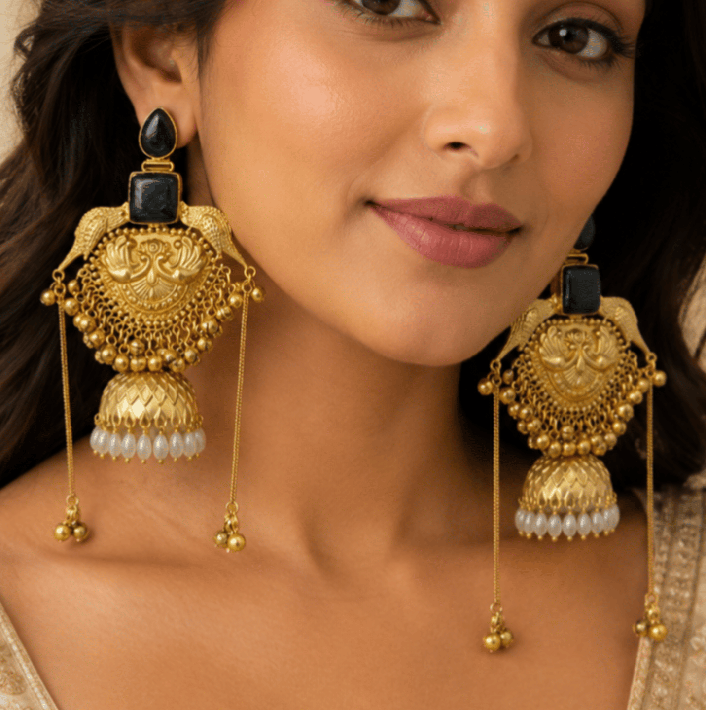 Ishita Kashmiri Jhumkas Earrings Hanging Chains with Pearls
