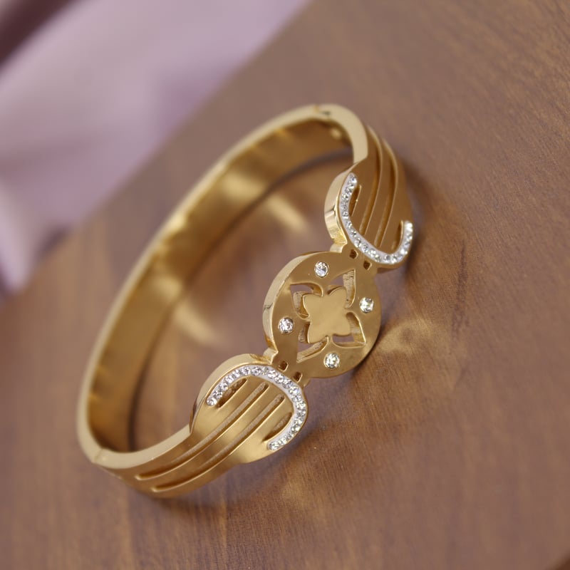 Gold Look Designer Bracelet for Women with Floral Motif & Crystal Detailing | Elegant Adjustable Cuff Bracelet