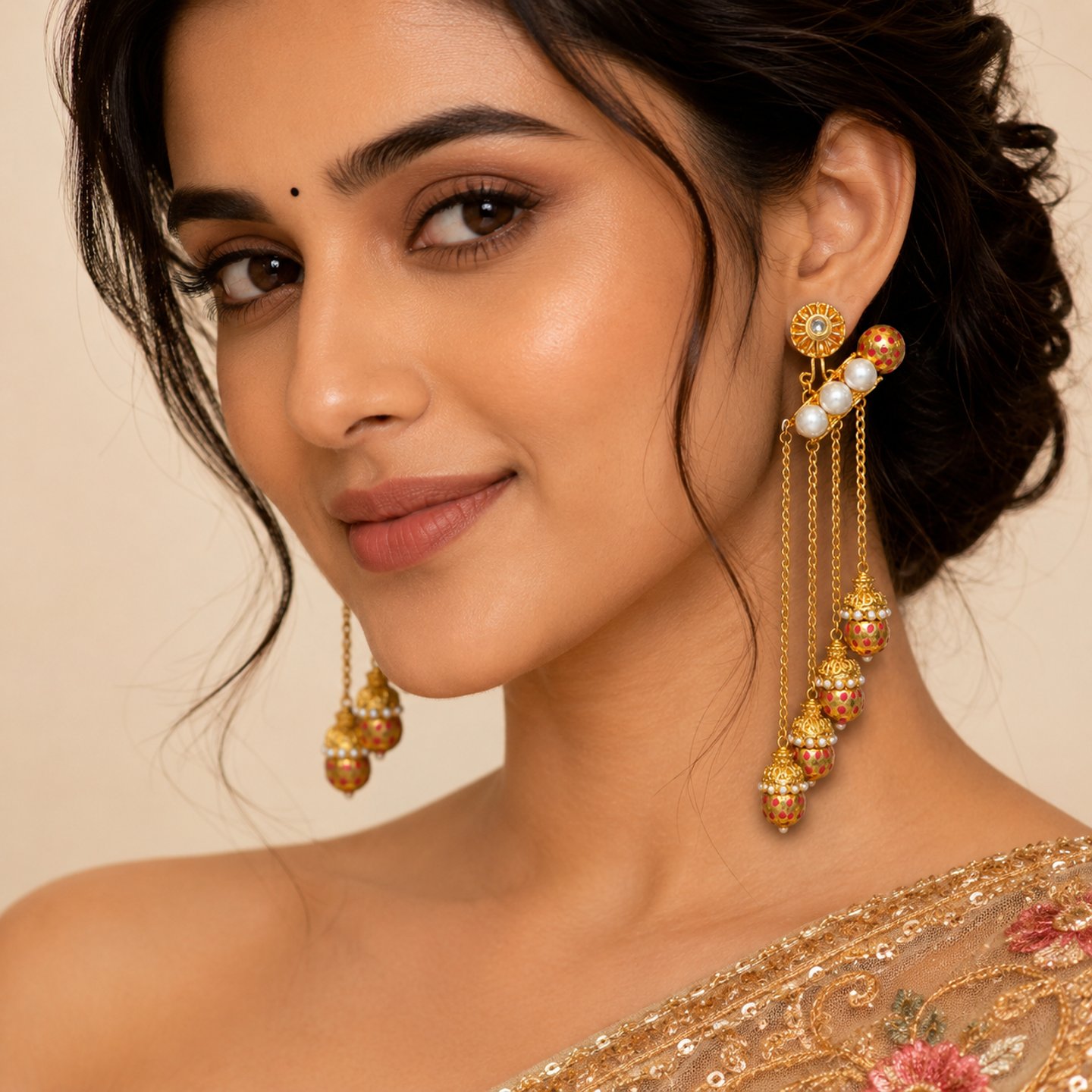 Rivanshi Gold Tone Earring with Hanging Chain