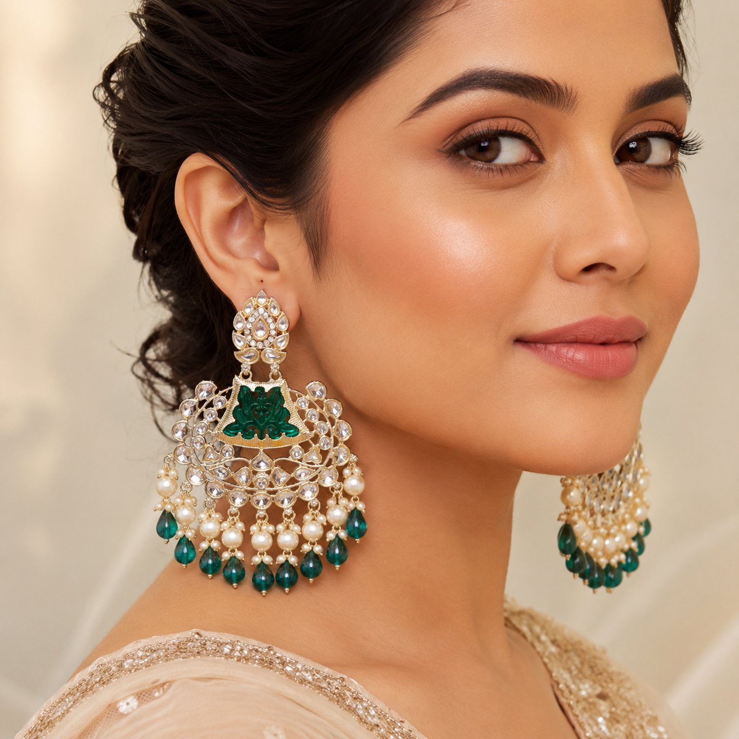 Prachi Hanging Pearls and Kundan Chandbalis