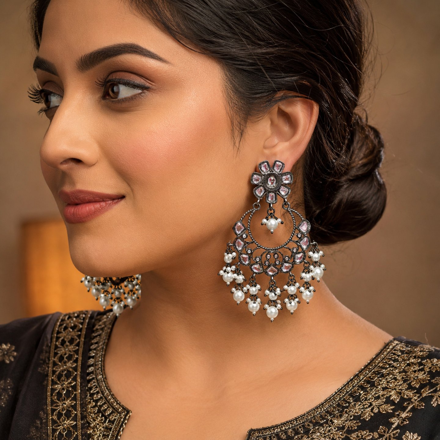 Mahi Kundan Studded Black Metal Chandbalis Earrings.