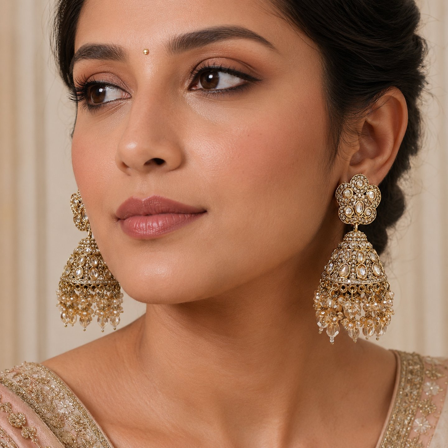 Aarti Golden Zercon with Hanging Crystals Jhumka