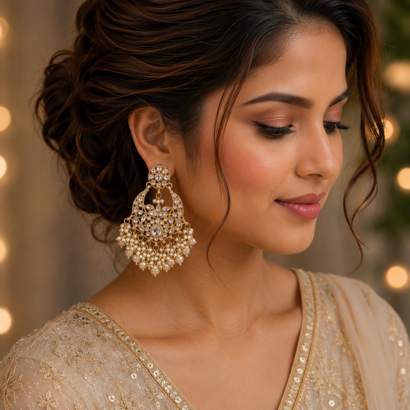 Charu Kundan and Pearls Chandbalis