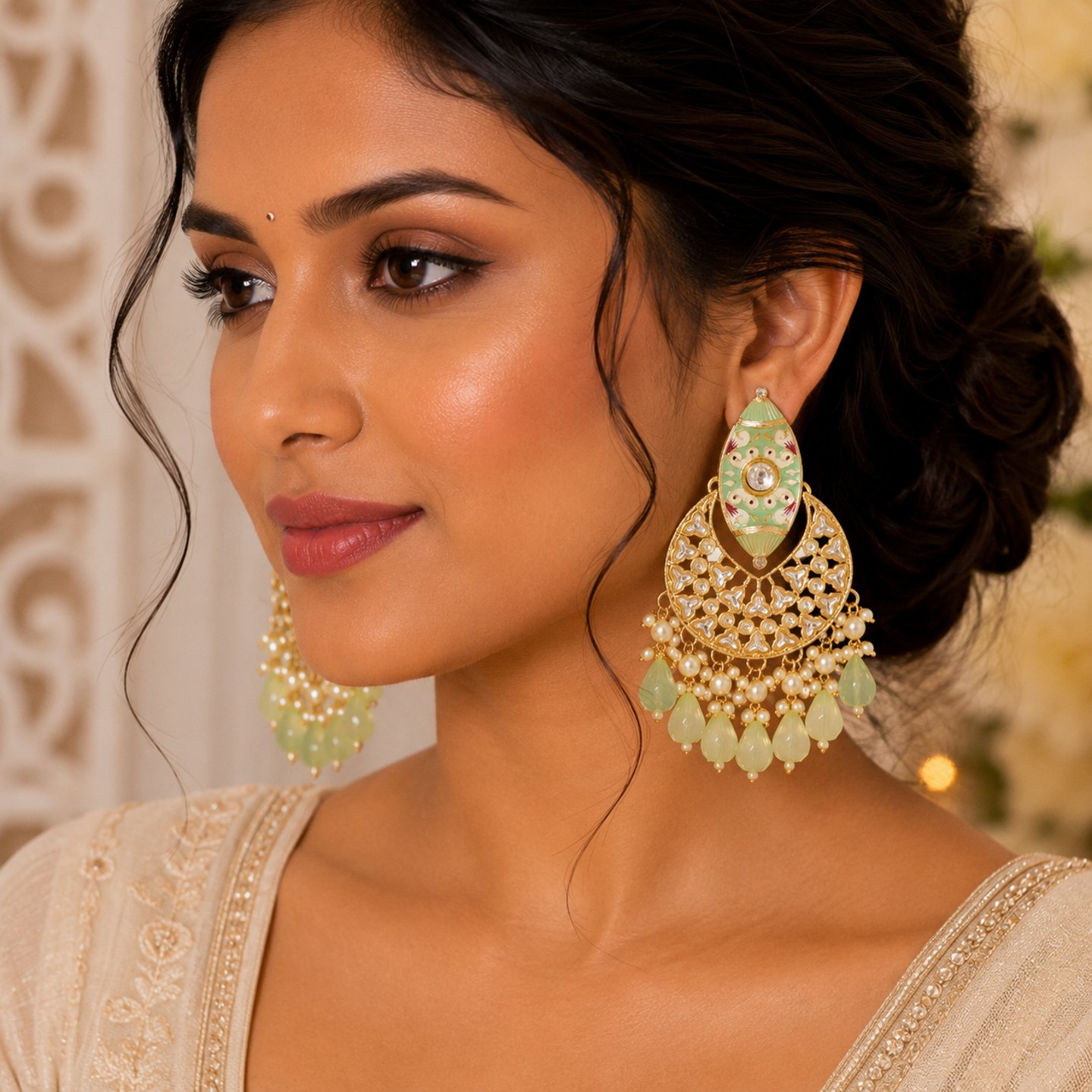Lakshita Kundan Meenakari Chandbali with Hanging Pearls