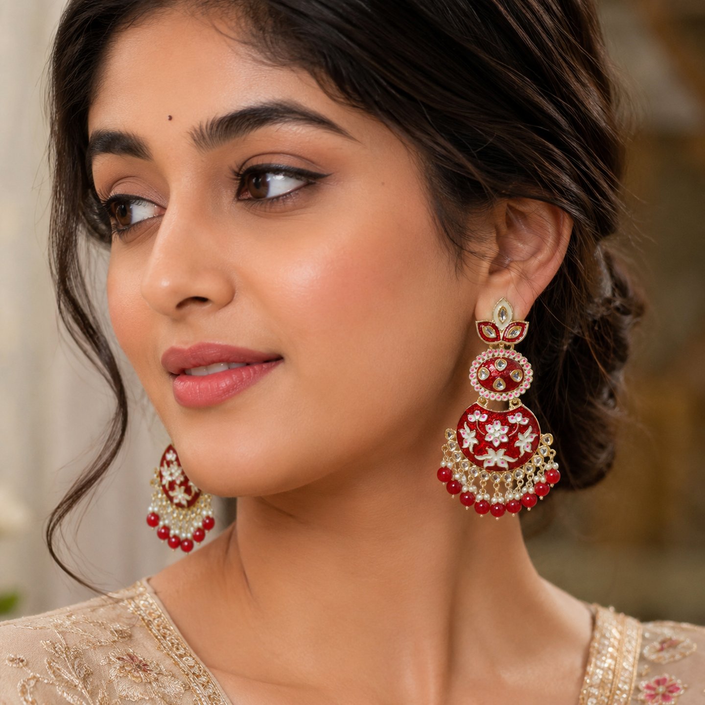 Hansika Kundan Stone Earrings with Hanging Pearls