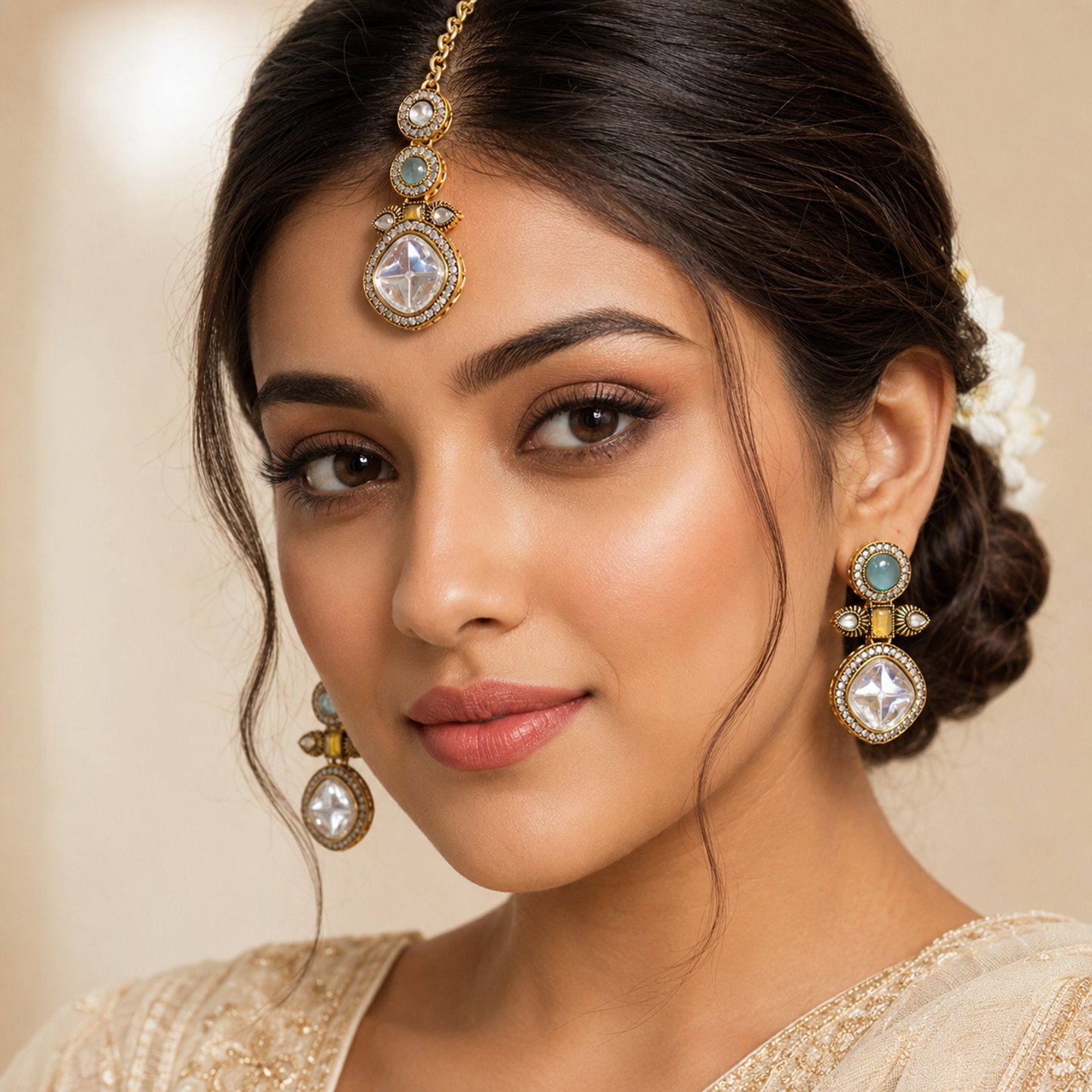 Roshini Monalisa Stone Earrings with Maang Tikka