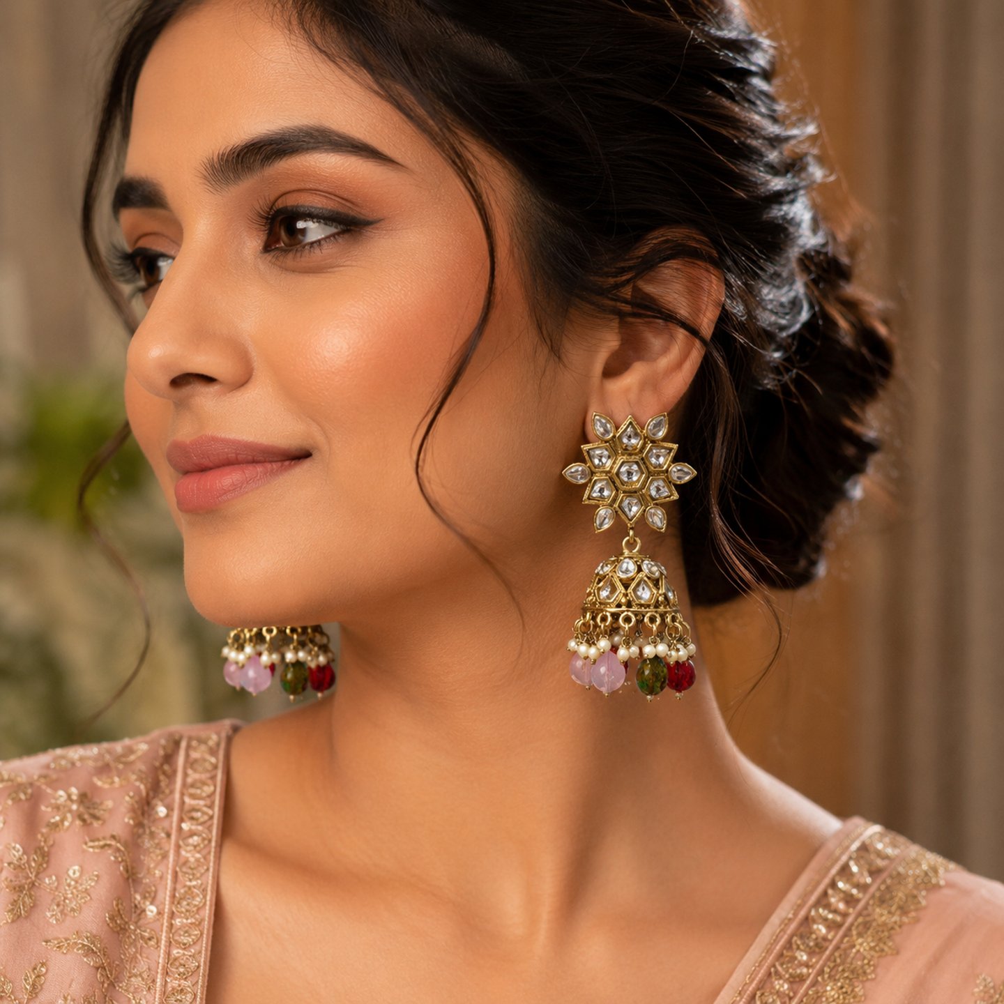 Dimple Floral Desgin with Hanging Crystals Jhumkas