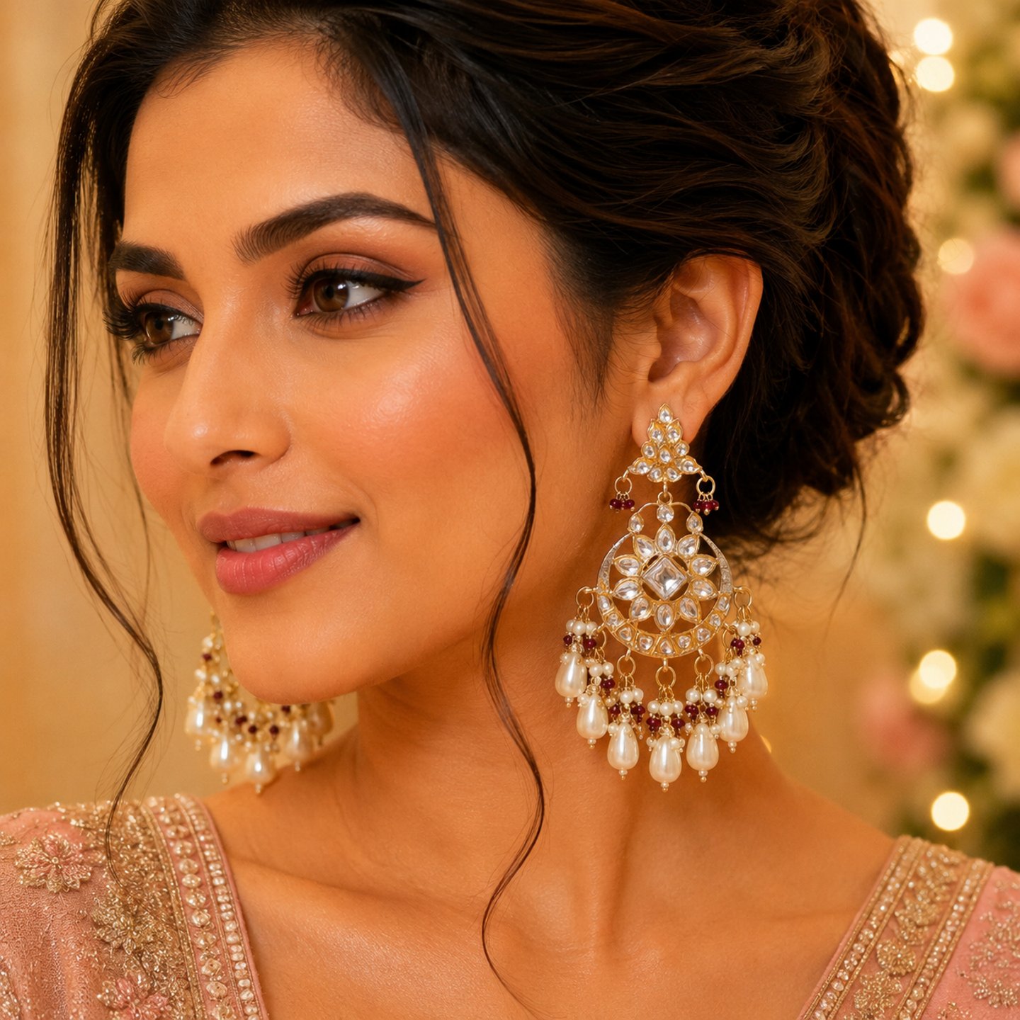 Shyla Kundan Earrings with Hanging Pearls