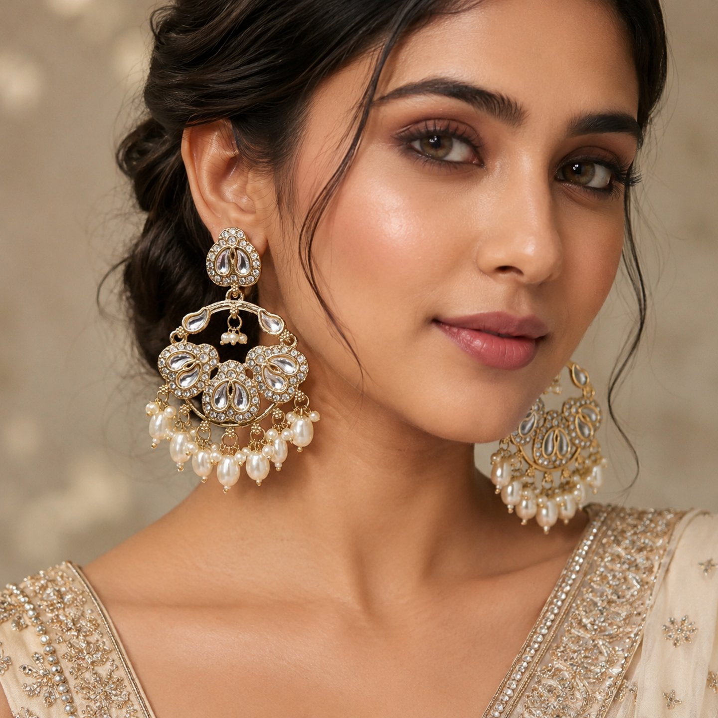 Kritika Kundan Stone with Pearls Hanging Chandbalis